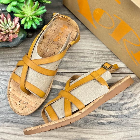 Kork-Ease Shoes - NIB Korks Felicity Slingback Strappy Flat Sandals Mustard Yellow PU